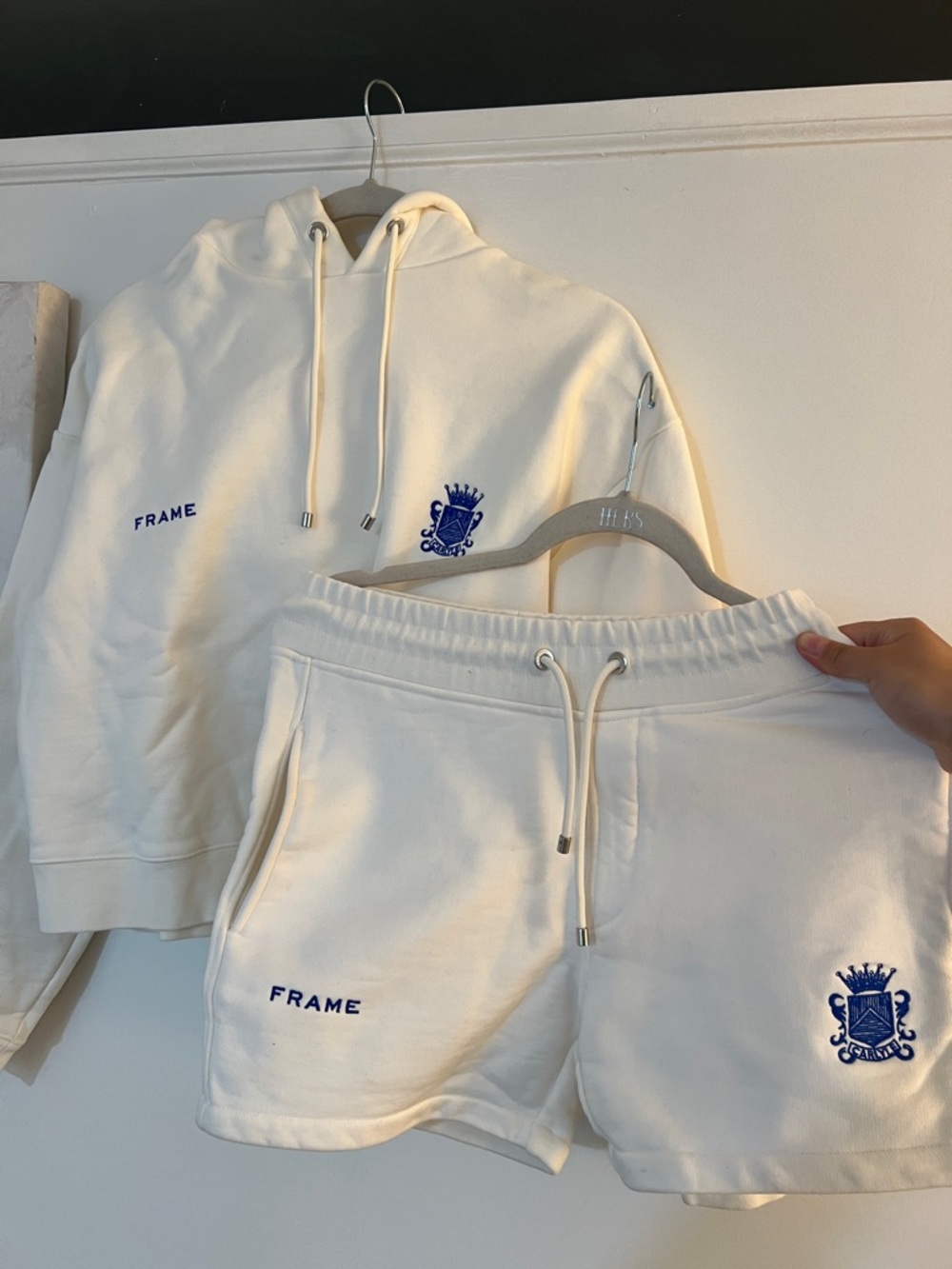 Frame Denim White Hoodie and Shorts Set with Blue Crest